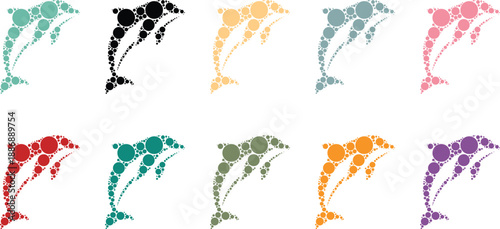 Dolphin silhouettes in full color spectrum circles, Marine animal mosaic rainbow style