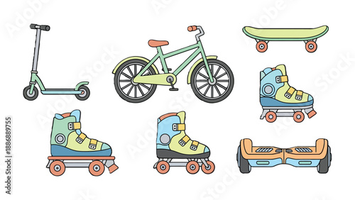 Urban Mobility Selection: An assortment of modern transportation modes, ideal for urban navigation and recreation, presented in a clean, graphic style.