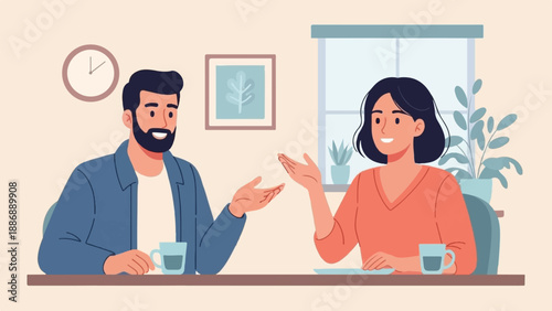 Two people sit at a table, conversing animatedly while enjoying drinks