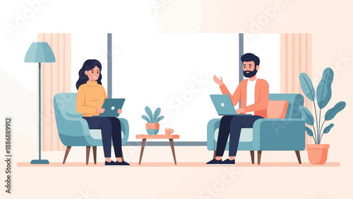 Two people sitting in chairs with laptops in a cozy room