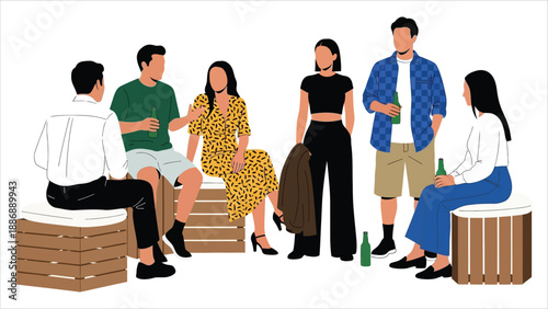 Group of Friends Socializing Outdoors with Drinks Illustration.eps