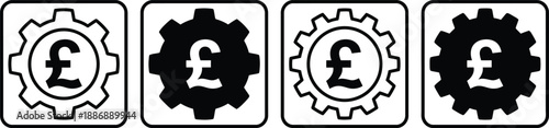 Set of four gear icons with the pound sterling symbol inside, representing financial services and business industry