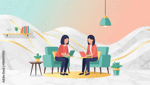 Two people sitting in comfortable chairs with laptops, in a modern, stylized room