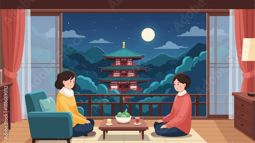 Two people share a peaceful moment indoors, overlooking a temple at night