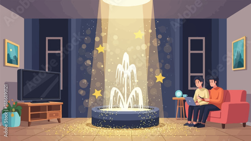 Two people sit on a couch in a room with a fountain, tv, and paintings