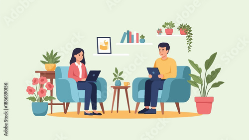 Two people sitting in comfortable chairs, working on laptops