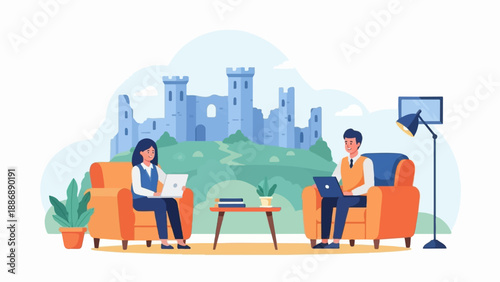 Two people using laptops in comfortable chairs with castle ruins behind