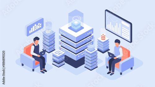 Two people seated in chairs with laptops in front of server racks