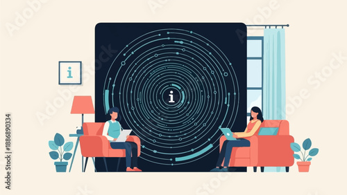 Two people seated in armchairs, interacting with a large circular data visualization