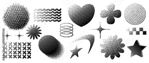 Set of Y2K dithered pixel elements. Abstract bitmap shapes including heart, star, and geometric icons. Retro halftone effect for cyberpunk and techno designs. Creative monochrome vector collection.