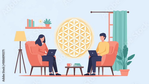 Two people using laptops while sitting in armchairs, with a geometric pattern glowing behind them