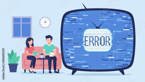 Two people sit on a sofa in front of a glitching TV screen displaying an error message