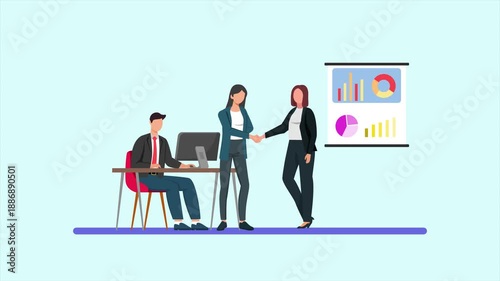 Animated video of goal business negotiations in a room with witnesses. Negotiation Business concept. Full length animation illustration. High quality 4k footage