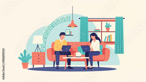 Two people on couch working on laptops in cozy living room
