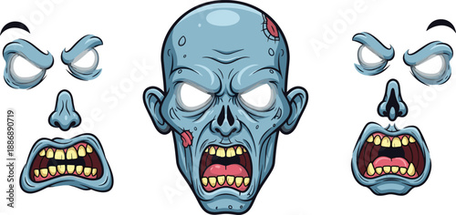 A set of scary zombie faces with blue decaying skin, featuring angry eyes and open, screaming mouths with exposed teeth.