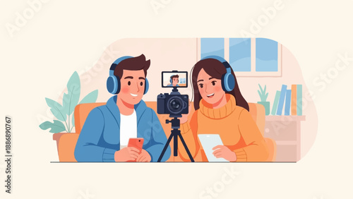 Two people with headphones record content on camera for an online audience