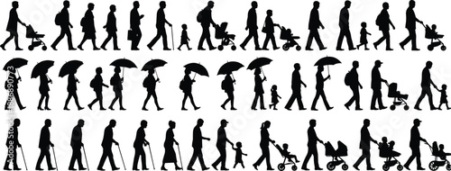 Walking silhouettes, diverse people, everyday activity, strollers, umbrellas, children, walking aids, lifestyle motion, black figures, urban movement, human diversity