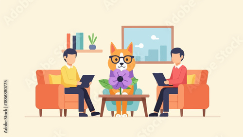 Two people sit on couches holding tablets, with a dog in a chair between them