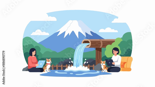Two people with laptops and dogs by a waterfall with a mountain backdrop
