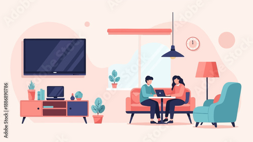 Two people work on laptops in a cozy living room