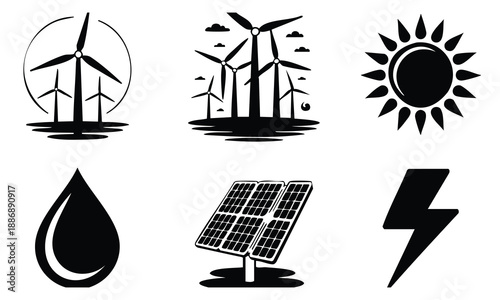 Bundle earth day silhouette icons of renewable energy and resources