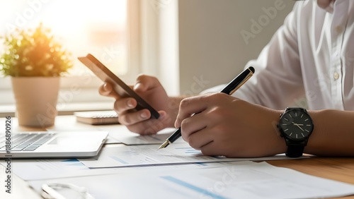 Business professional reviewing documents at a desk with a smartphone nearby