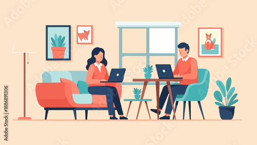 Two people work on laptops in a cozy living room with plants and art (1)