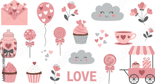 Cute pink love themed set with cupcakes, hearts, clouds, envelopes, tea cup, balloons, and romantic kawaii elements in pastel vector style
