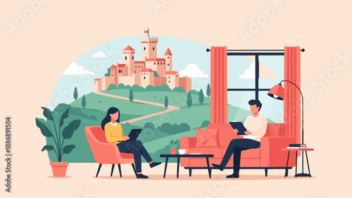 Two people relaxing indoors with a medieval castle landscape visible