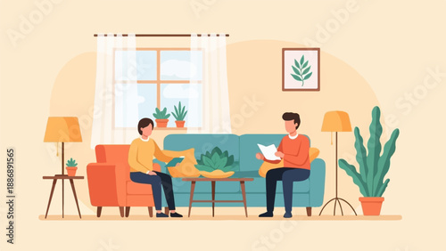 Two people relaxing indoors, one reading on sofa