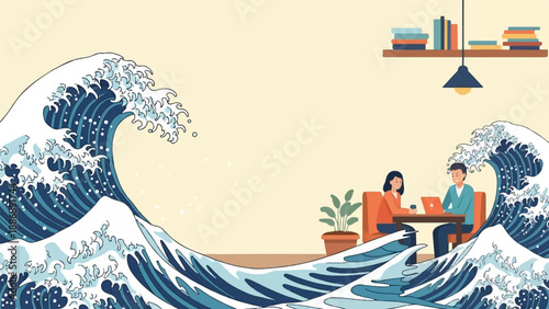 Two people work on laptops in a cafe with large waves surrounding them