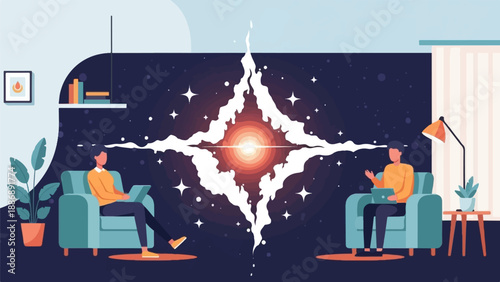 Two people in armchairs work on laptops against a backdrop of a starry night