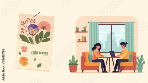 Two people work on laptops in a bright room with plants and a view of city buildings