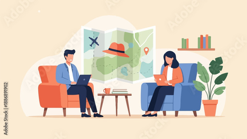 Two people in armchairs plan a trip using a large map and laptops