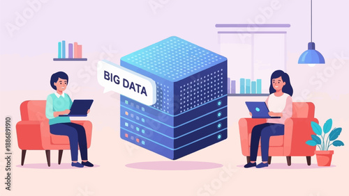 Two people in armchairs interact with laptops near a large data server