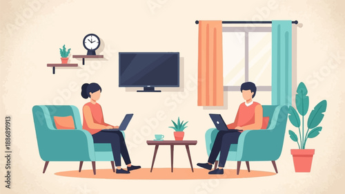 Two people work on laptops from comfortable armchairs at home