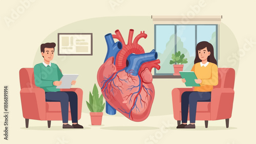 Two people in armchairs look at a tablet near a floating anatomical heart