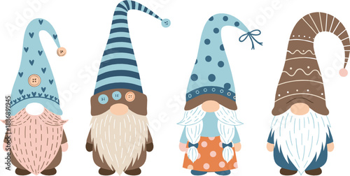 Cute Scandinavian gnome characters with tall patterned hats and fluffy beards in pastel kawaii style for winter decor and vector illustrations