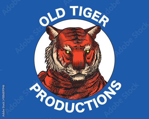 Sample emblem or logo idea with a tiger for your company coffee shop or sport team. Hand drawn engraving.