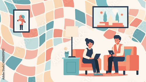 Two people in an office with a colorful mosaic background and modern art