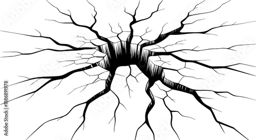 Cracked Ground Earthquake Split Hole Vector EPS Isolated Black and White Fracture Illustration