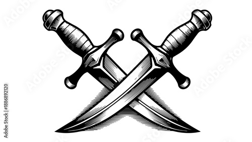 Two crossed swords with classic double-edged blades on a white background