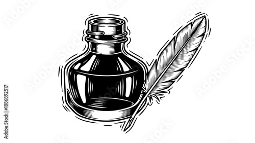 Classic inkwell and feather in a minimalist black-and-white illustration