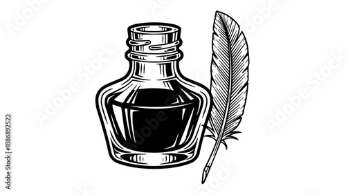 Black and white illustration of a classic inkwell and feather quill