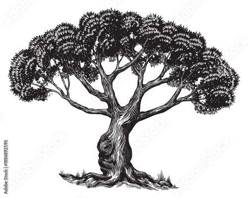 Old olive tree drawing. Black and white hand drawn engraving as a symbol of home, steady and peace. Extra virgin olive oil emblem
