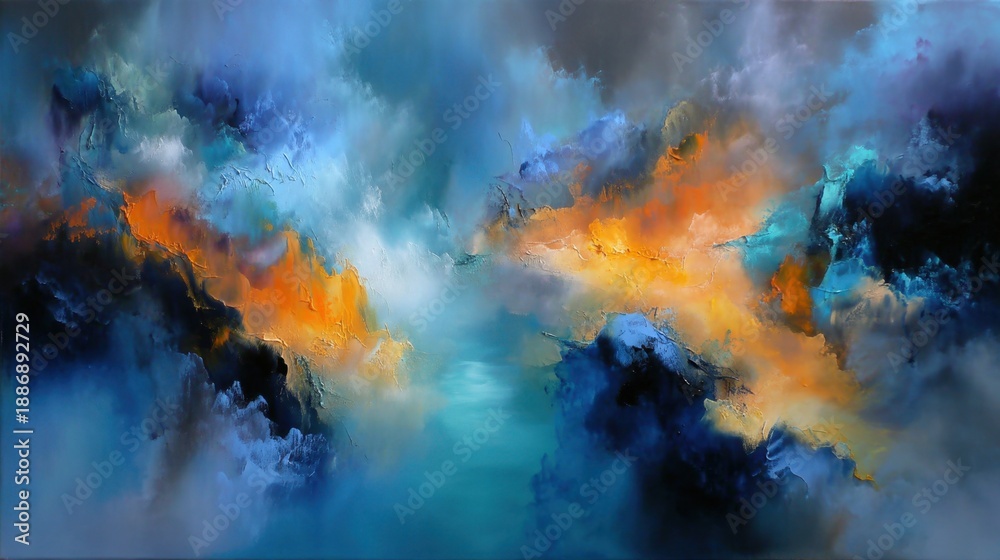 Fototapeta premium Abstract landscape painting with vivid blue and orange color blending.