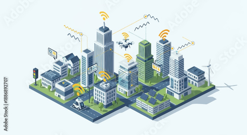 Futuristic cityscape with modern buildings and green spaces.