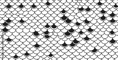 Black and white fish scales pattern with shiny texture and overlapping circles