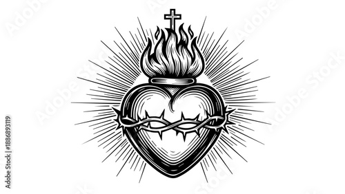 Black and white illustration of a heart with thorns and a cross, symbolizing Christian sacrifice and divine love