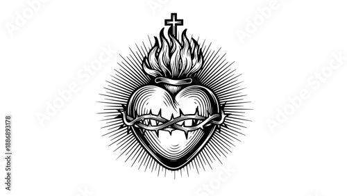 Black and white illustration of a heart with a crown of thorns, flames, and a cross